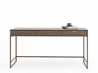Modern Minimalist Wooden Desk with Three Drawers Books and Coffee Mug 3d model
