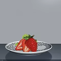 Fresh Strawberries Sliced And Whole On White Patterned Plate With Mint