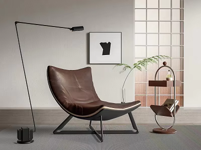 Modern Brown Leather Leisure Chair With Black Floor Lamp Decorative Painting And Green Plant 3d model