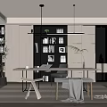 Cream Style Study Desk Decorative Bookcase Single Chair Stool Bar Chandelier Hanging Picture Books 3d model