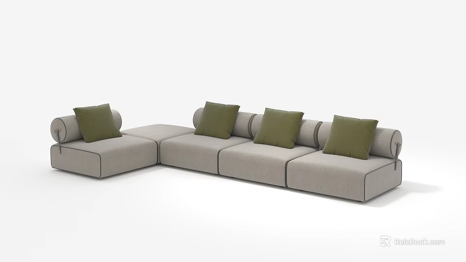 Modern Sectional Sofa In Light Gray With Green Cushions And Comfortable Design 3d model