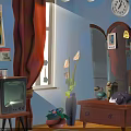 Cozy Vintage Interior With Blue Walls Red Curtains Vintage TV And Dresser Mirror
