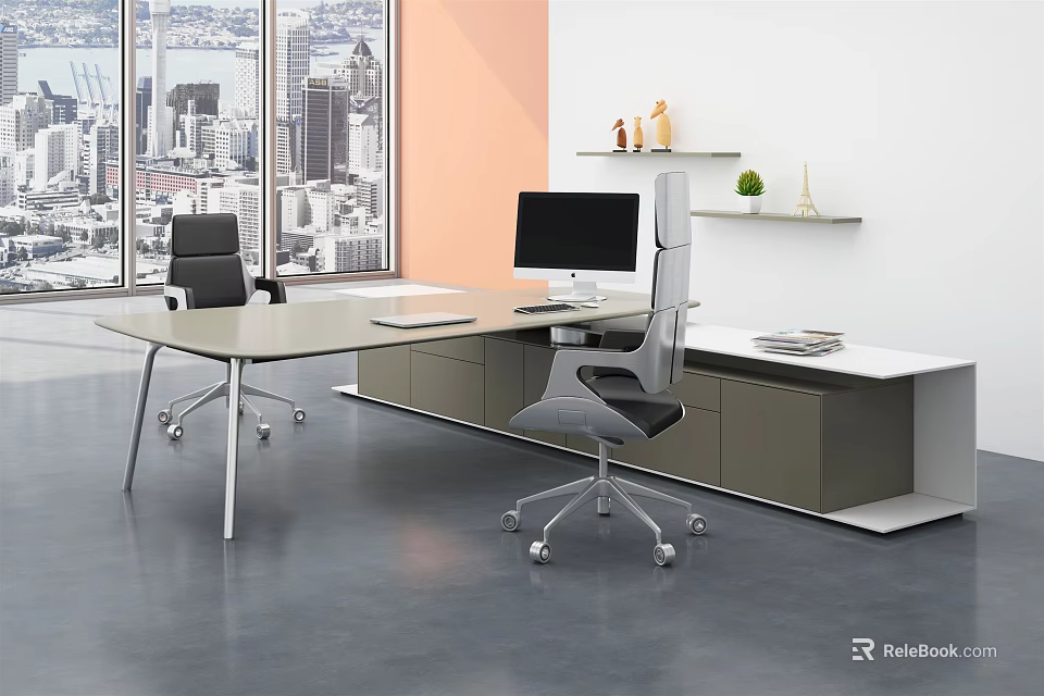 Modern Office Desk with Computer Chair City View and Shelves 3d model 