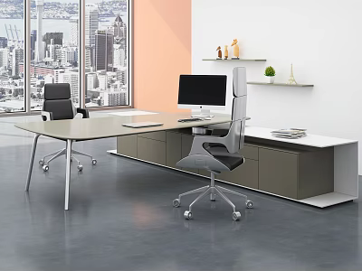 Modern Office Desk with Computer Chair City View and Shelves 3d model