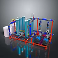 Industrial Piping System With Cylindrical Tanks Red Frame And Blue Pipes