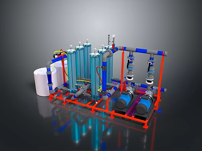 Industrial Piping System With Cylindrical Tanks Red Frame And Blue Pipes 3d model