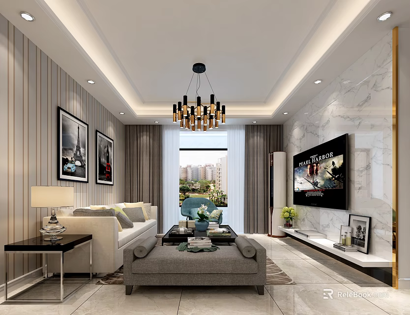 Modern Living and Dining Room Interior With Chandelier Sofa Coffee Table TV And Marble Wall 3d model 