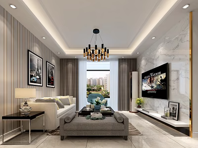 Modern Living and Dining Room Interior With Chandelier Sofa Coffee Table TV And Marble Wall 3d model