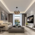 Modern Living and Dining Room Interior With Chandelier Sofa Coffee Table TV And Marble Wall