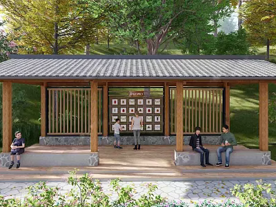 Wooden Pergola With Tile Roof Display Wall And Resting People In Green Park 3d model