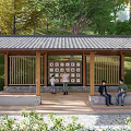 Wooden Pergola With Tile Roof Display Wall And Resting People In Green Park