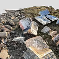 Scattered Broken Bricks And Stones On Grassy Ground With Natural Debris
