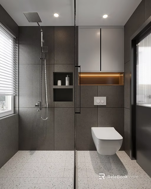 Modern Bathroom Interior With Gray Tiles Shower Niche And White Toilet 3d model 