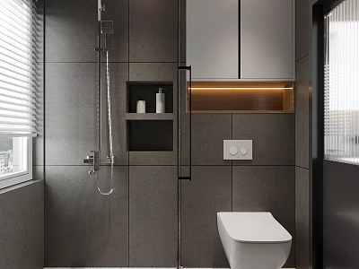 Modern Bathroom Interior With Gray Tiles Shower Niche And White Toilet 3d model