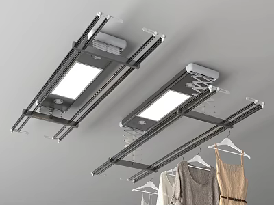 Ceiling Mounted Electric Clothes Drying Rack with LED Light and Hanging Clothes 3d model