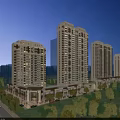 Modern High Rise Residential Buildings With Green Landscaping And Evening Roadside Lights