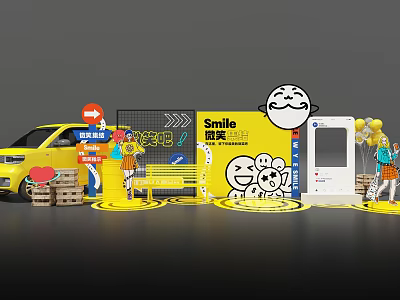 Yellow Car Photo Check-in Spot Featuring Smile Signage Cartoon Smiling Faces And Balloon Figure Models 3d model