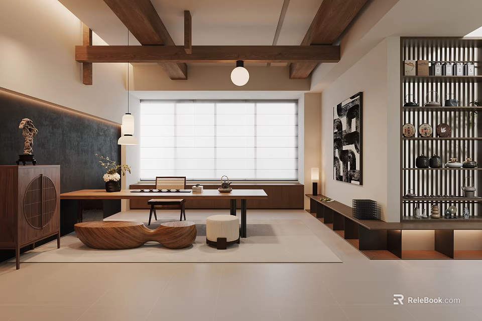 Traditional Japanese Tea Room Interior With Wooden Beams Shoji Doors And Tea Table 3d model 