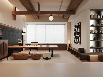 Traditional Japanese Tea Room Interior With Wooden Beams Shoji Doors And Tea Table 3d model