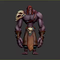 Purple Skinned Fantasy Creature Character With Red Hair Skull Decorations Arm Bracers And Orange Garment