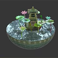 Decorative Water Bowl Landscape With Green Lotus Leaves Pink Flowers And Small Pavilion