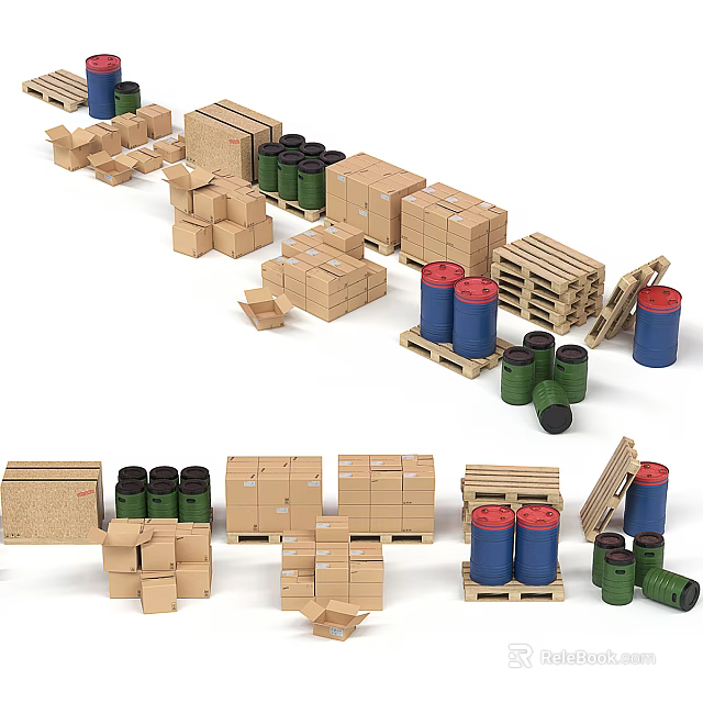 Cardboard Boxes On Wooden Pallets With Green And Blue Barrels For Storage 3d model 