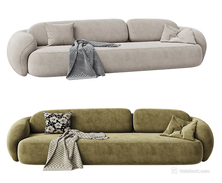 Plush Three-Seater Sofa in Light Gray and Green with Cozy Cushions and Throw Blanket 3d model 