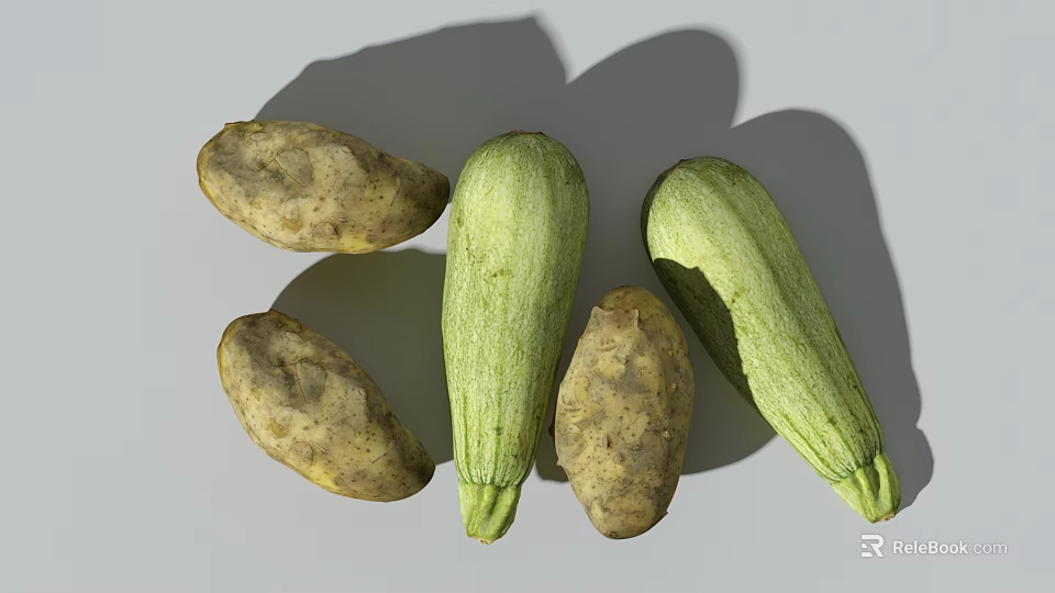Fresh Organic Potatoes and Zucchinis with Natural Shadows on White Surface 3d model 