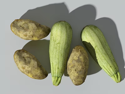 Fresh Organic Potatoes and Zucchinis with Natural Shadows on White Surface 3d model