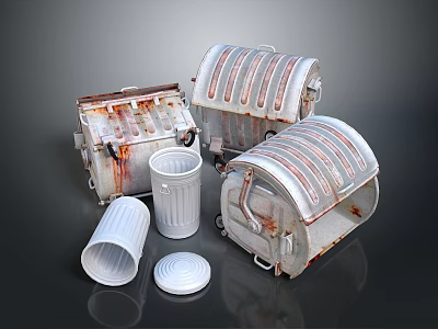 Household Items Including Rusty Metal Containers White Trash Bins With Lids And Open Tops 3d model