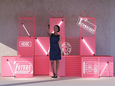 Pink Future Technology Themed Photo Spot With Cube Structures Lighting And Selfie Moments 3d model