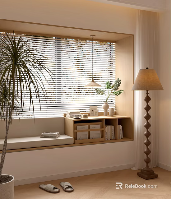 Bay Window With Window Blinds Cushioned Seat Storage Shelves Floor Lamp And Indoor Plants 3d model 