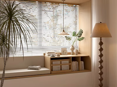 Bay Window With Window Blinds Cushioned Seat Storage Shelves Floor Lamp And Indoor Plants 3d model