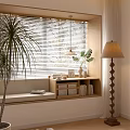 Bay Window With Window Blinds Cushioned Seat Storage Shelves Floor Lamp And Indoor Plants