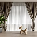 Dark Brown Curtains With White Sheer Panels And Green Plant In Modern Interior