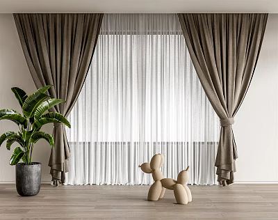 Dark Brown Curtains With White Sheer Panels And Green Plant In Modern Interior 3d model