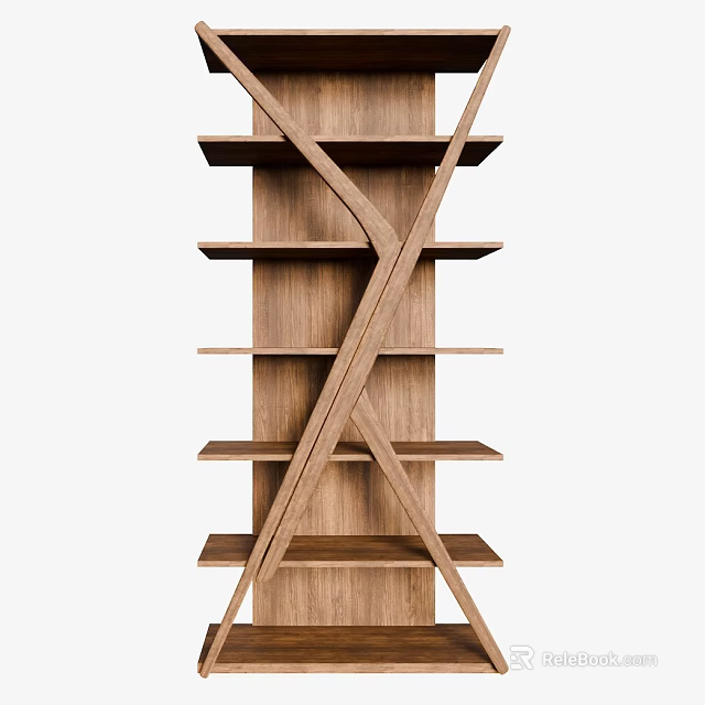 Modern Wooden Shelf Unit With Crossed Frame And Multiple Storage Shelves 3d model 