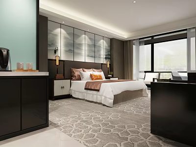 Luxurious Modern Hotel Room Interior With King Bed Nightstand Table Lamp And Patterned Carpet 3d model