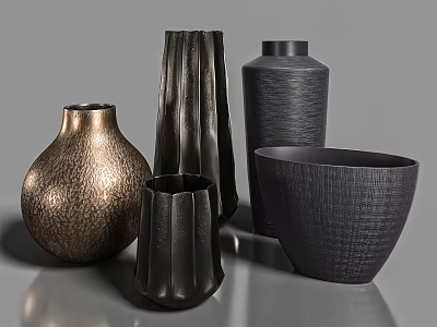 Modern Ceramic Vessels With Various Shapes Textured Surfaces And Gold Black Colors 3d model