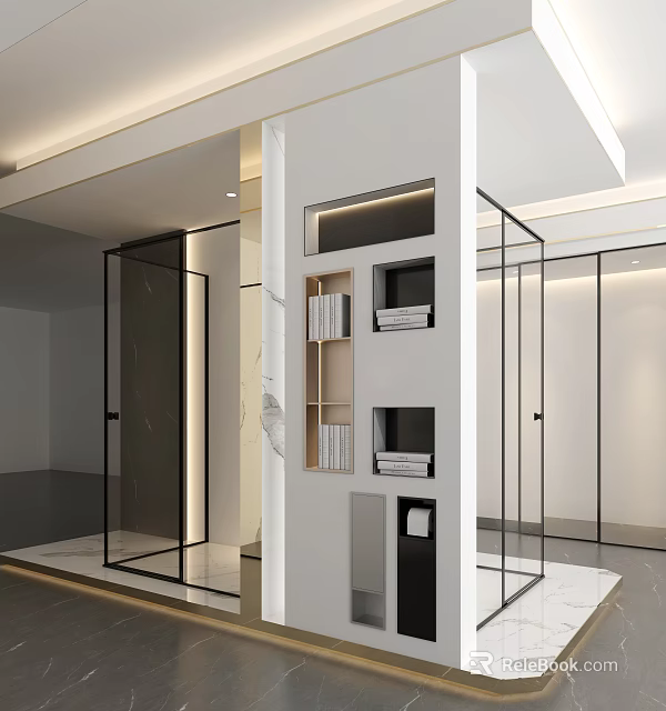 Modern Interior With Glass Doors White Column And Open Shelves For Books Decorations 3d model 