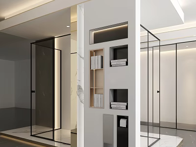 Modern Interior With Glass Doors White Column And Open Shelves For Books Decorations 3d model