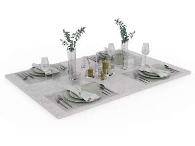 Elegant Dinnerware Set With Green Plates Napkins Wine Glasses And Vases 3d model
