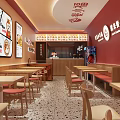 Bright Red Themed Casual Restaurant With Cozy Wooden Dining Seats Creates Comfortable Pleasant Warm Ambiance
