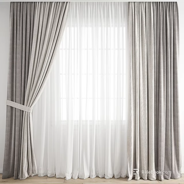 Gray Pinstriped Curtains With White Sheer Layers And Tieback In Bright Interior 3d model 
