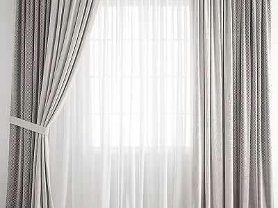 Gray Pinstriped Curtains With White Sheer Layers And Tieback In Bright Interior 3d model