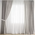 Gray Pinstriped Curtains With White Sheer Layers And Tieback In Bright Interior 3d model