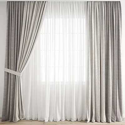 Gray Pinstriped Curtains With White Sheer Layers And Tieback In Bright Interior 3d model
