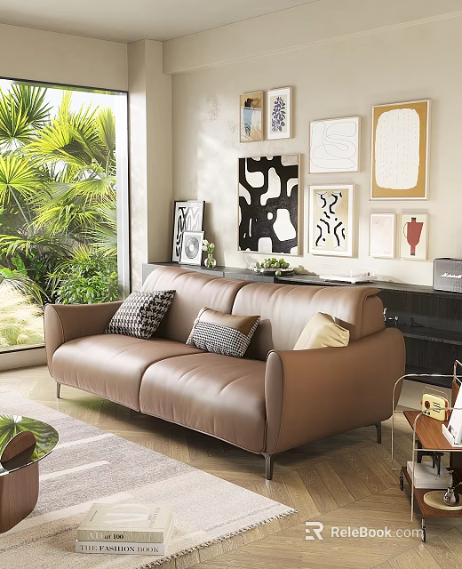 Brown Leather Two Seater Sofa With Plaid Gray Beige Cushions Wall Art And Green Plants 3d model 
