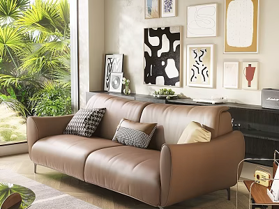 Brown Leather Two Seater Sofa With Plaid Gray Beige Cushions Wall Art And Green Plants 3d model