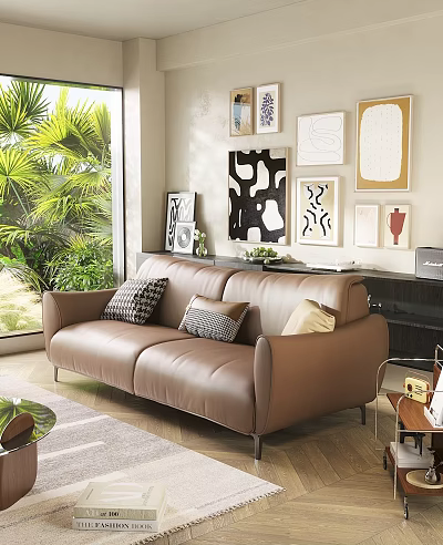 Brown Leather Two Seater Sofa With Plaid Gray Beige Cushions Wall Art And Green Plants 3d model